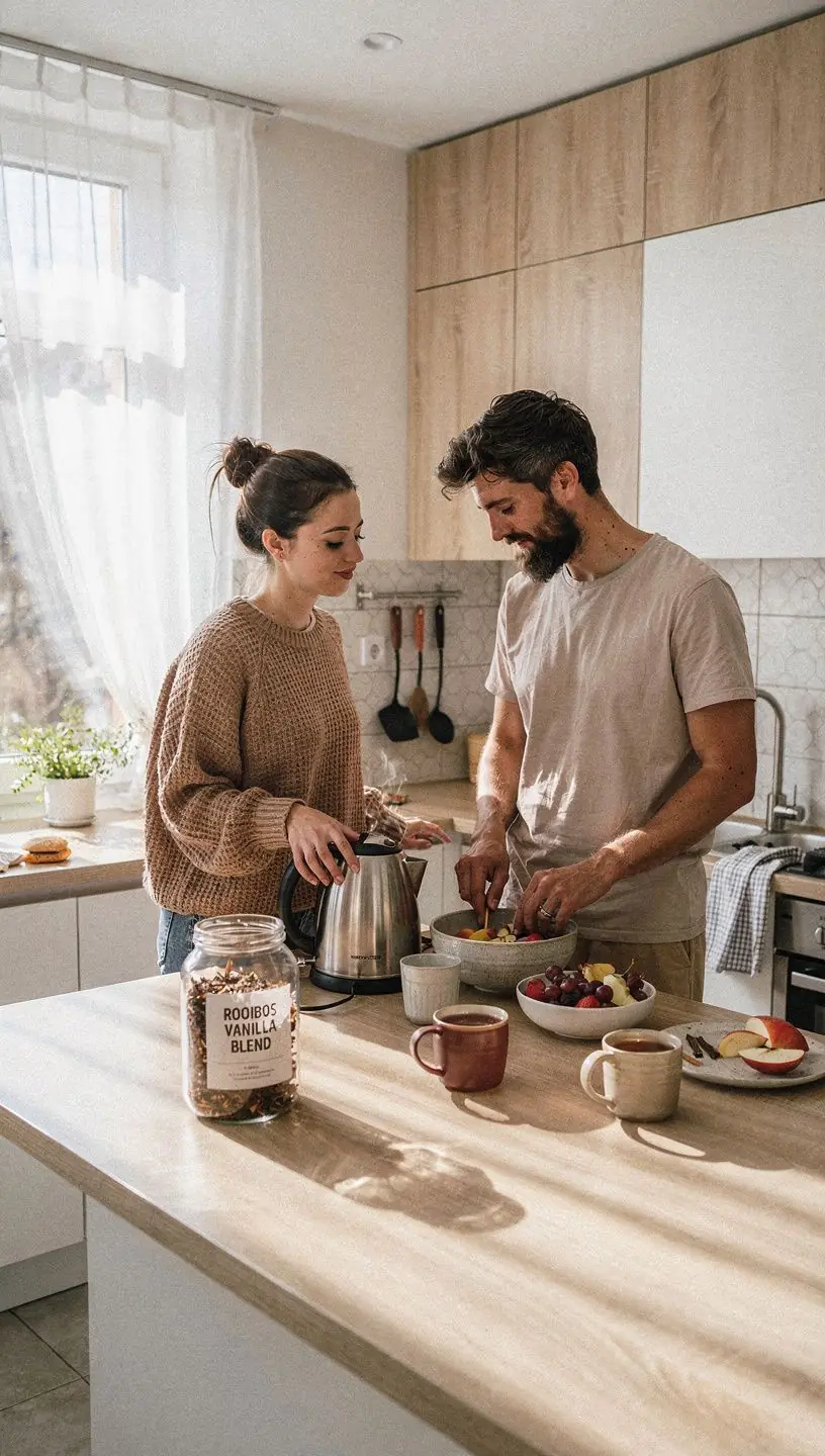 Kellemesen édes rooibos tea, mellette vaníliás sütemény darabkák.