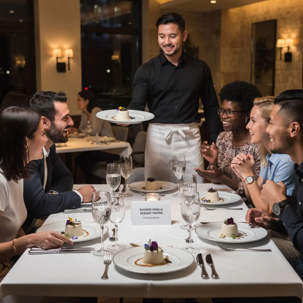 Rooibos tea csésze, mellette vanília rudak és zöld növények díszítik az asztalt.